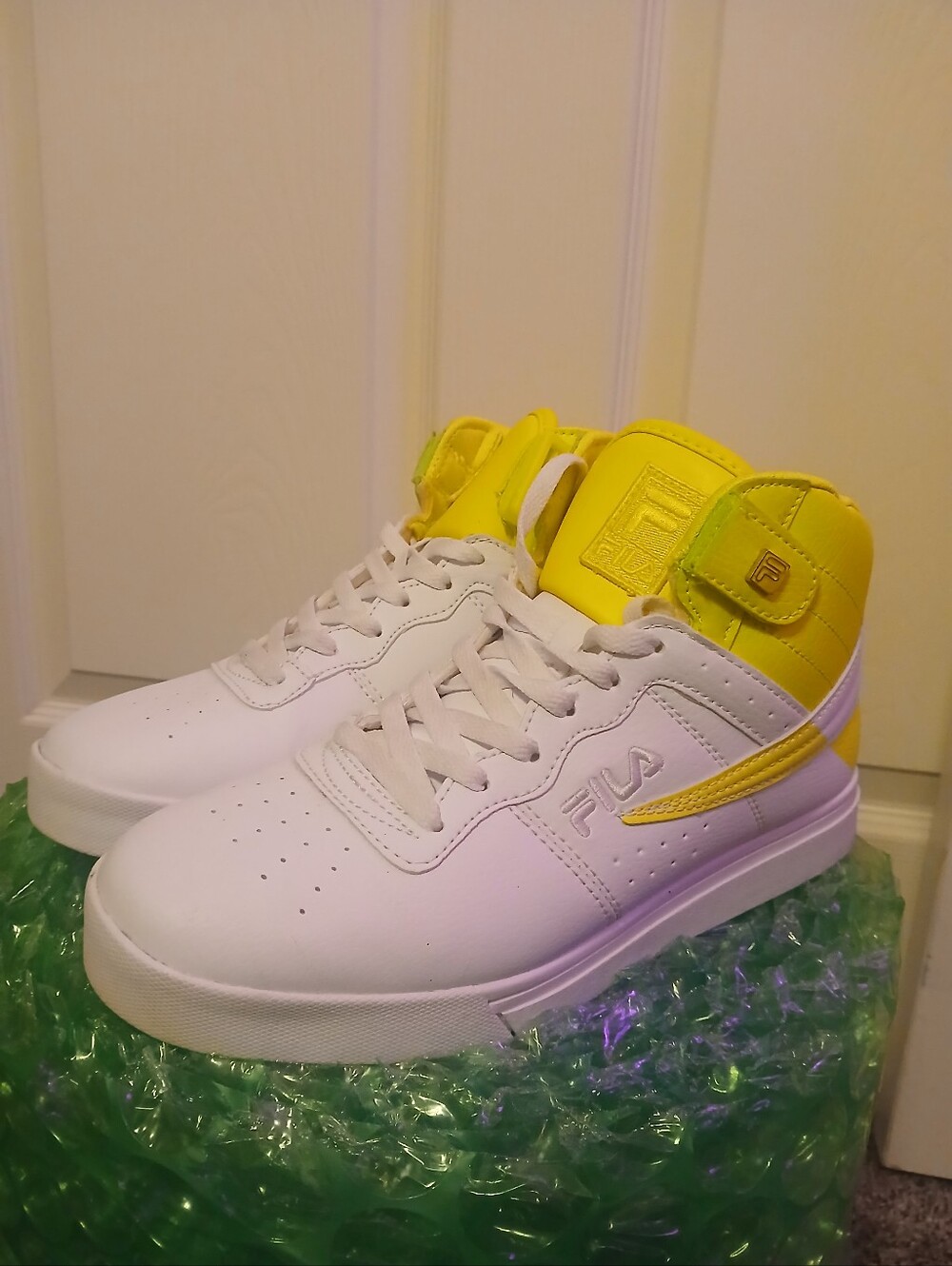 Fila Kids White and Yellow High-Top Sneakers